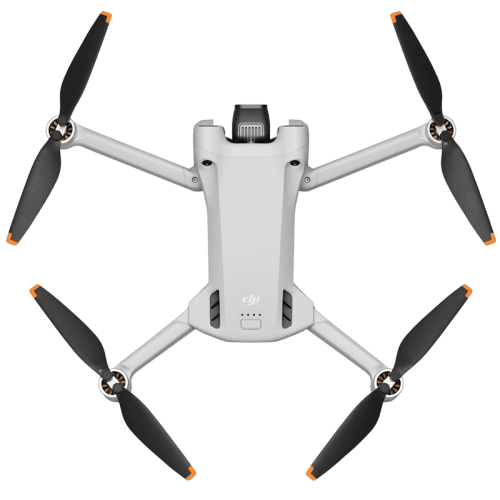 Серый дрон DJI Mini 3 Pro без пульта управления, вид спереди, демонстрирующий его компактный дизайн и камеру.