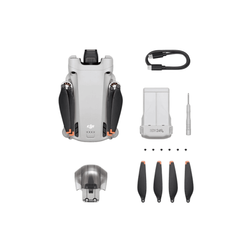 Серый дрон DJI Mini 3 Pro без пульта управления, вид спереди, демонстрирующий его компактный дизайн и камеру.