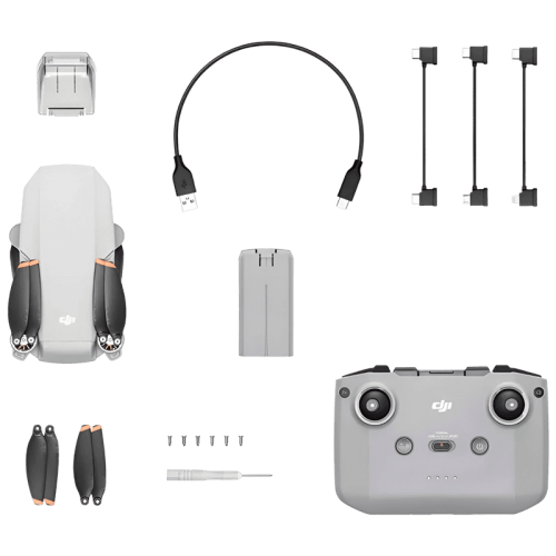 Серый дрон DJI Mini 4K, компактный и современный, с четырьмя пропеллерами и камерой.