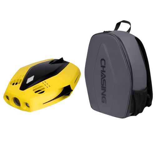 Подводный дрон Chasing Dory, компактный, синий, с камерой и пропеллерами, готовый к погружению.