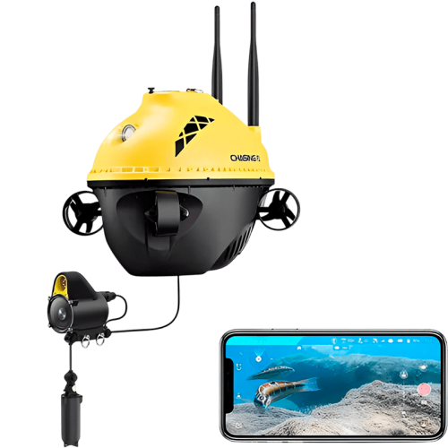 Подводный дрон CHASING F1 Pro в движении, освещающий дно водоема.