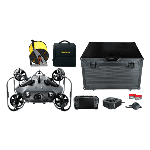 Подводный дрон Chasing X Advanced Set, демонстрирующий его компактный дизайн и комплект аксессуаров для подводной съемки.