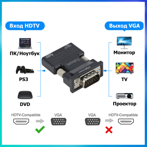 Переходник Tohom HDMI-VGA аудио 3.5 мм Алматы, Казахстан