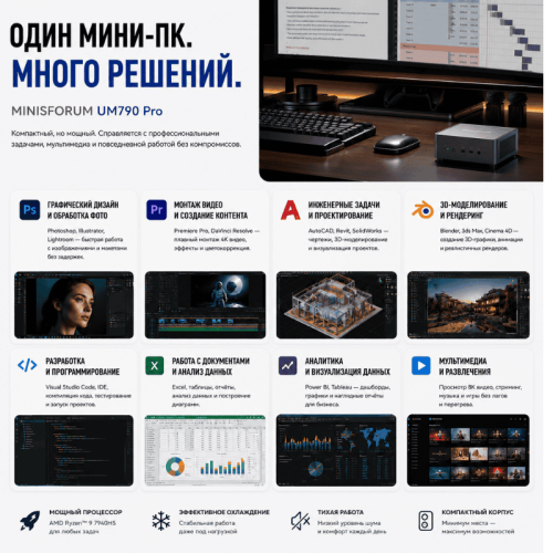 Мини ПК MINISFORUM Venus UM790 Pro - мощное рабочее место 128092394 – купить в Новосибирске | MINISFORUM