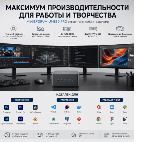 MINISFORUM UM890 Pro шағын дербес компьютері – қуатты әрі ешқандай ымыраға келмейтін жұмыс станциясы  – Алматы және Қазақстан бойынша сатып алу | MINISFORUM