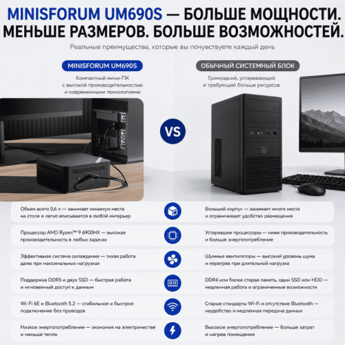 Мини ПК MINISFORUM UM690S - мощность без компромиссов 172628875 – купить в Алматы и по Казахстану | MINISFORUM