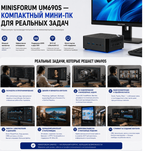 Мини ПК MINISFORUM UM690S - мощность без компромиссов 172628875 – купить в Алматы и по Казахстану | MINISFORUM