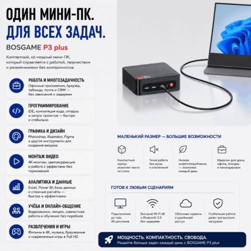 Мини ПК BOSGAME P3 plus - мощное рабочее место 172637039 – купить в Алматы и по Казахстану | BOSGAME