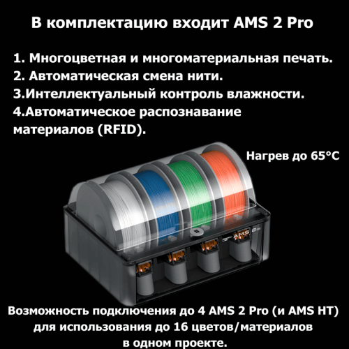 3D-принтер Bambu Lab P2S Combo с подключенным модулем AMS 2 Pro (EU-версия), печатающий сложную разноцветную модель