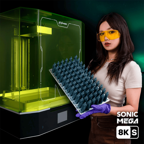 3D-принтер Phrozen Sonic MEGA 8KS в работе, демонстрирующий большую область печати и высокое разрешение, напечатанные детали