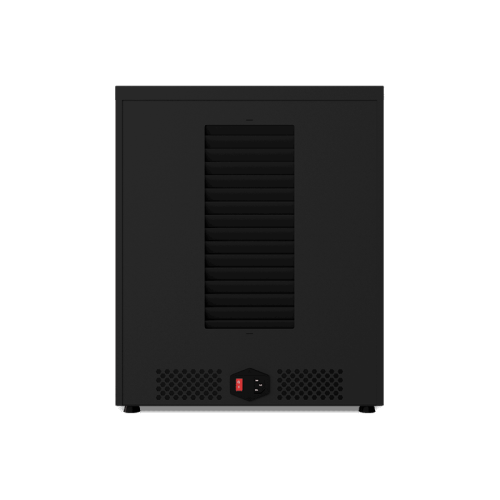 Камера пост-полимеризации Phrozen Cure Mega S с открытой дверцей и вращающейся платформой,Phrozen Cure Mega S крупным планом с работающими УФ-лампами,3D-модель внутри камеры Phrozen Cure Mega S во время отверждения,Панель управления Phrozen Cure Mega S с 