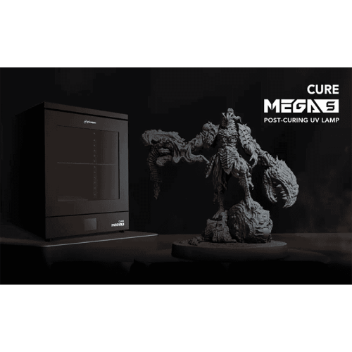 Камера пост-полимеризации Phrozen Cure Mega S с открытой дверцей и вращающейся платформой,Phrozen Cure Mega S крупным планом с работающими УФ-лампами,3D-модель внутри камеры Phrozen Cure Mega S во время отверждения,Панель управления Phrozen Cure Mega S с 