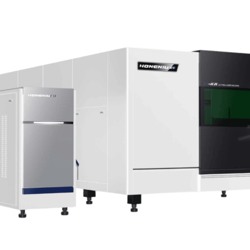 Волоконно-оптический лазерный станок HONGNIU 3015HR в работе, резка металлического листа с ЧПУ
