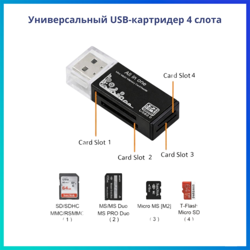 Tohom Высокоскоростной картридер 4-в-1 Tohom USB 2.0 USB 2.0 для SD, TF-карта, MS, M2